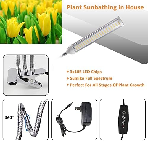 ELITUN LED Grow Light for Indoor Plants Full Spectrum Plant-Growing Lamp with 315 LED Lamp Beads5 Dimmable Levels &amp 3 Modes Timing Function Auto On/Off (3 Heads Light)
