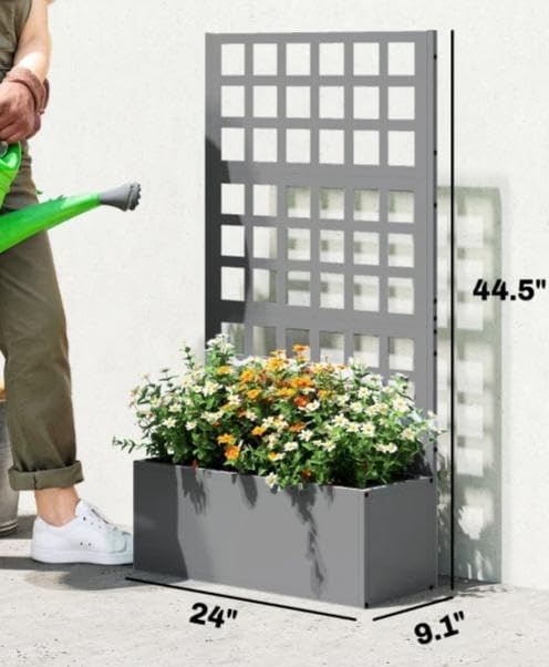 Galvanized Steel Raised Garden Bed with Trellis - Heavy-Duty Metal Planter Box for Vegetables &amp Climbing Plants Weather-Resistant Outdoor Vertical Garden Kit (Gray)