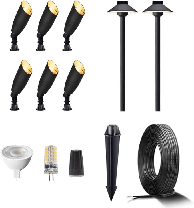 Gardenreet Brass LED 12V Wired Landscape Lights Black Kit (6 Spotlights 2 Path Lights) with 100 Feet Cable and 30 Pack Wire Connectors for Outdoor Garden Yard Walkway Without Transformer
