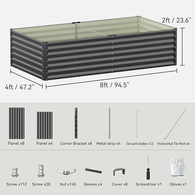 COMHOMA Galvanized Raised Garden BedLarge Metal Planter Box for Outdoor VegetablesCorrugated Steel Herbed Plants ContainerExtra Deep Gardeners Kits with Open Bottom (2 8x4x2FT)
