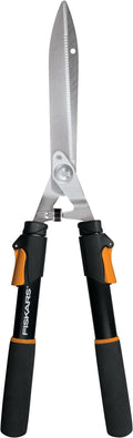 Fiskars Power-Lever Extendable Hedge Shears Self-Sharpening Serrated Steel Blades for Clean Cuts Handles Adjust 25-33 for High Reach Multiplies Leverage for 2x Power 10 Blades Orange/Black