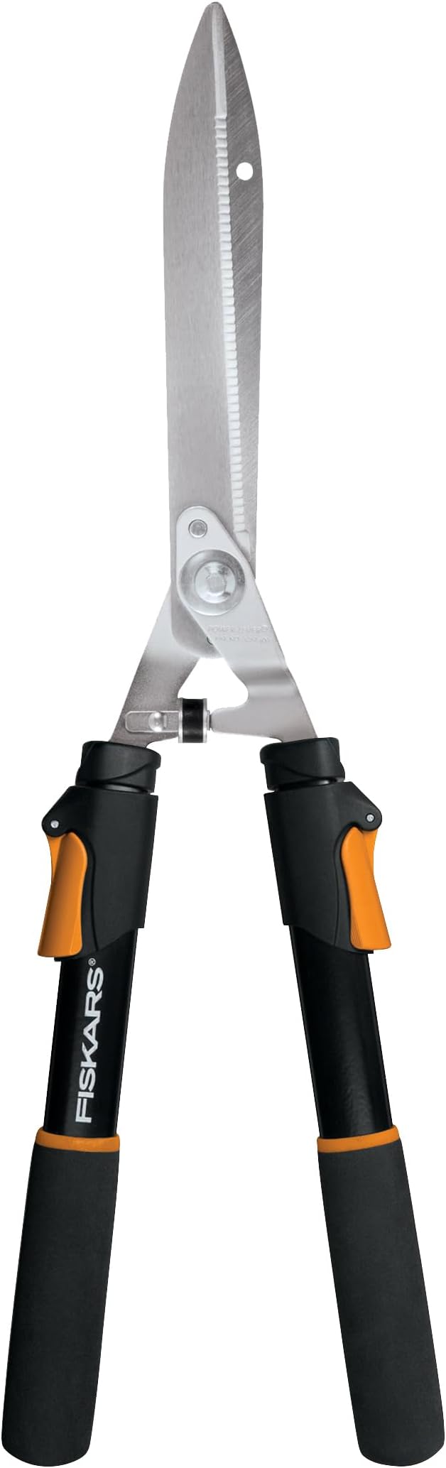 Fiskars Power-Lever Extendable Hedge Shears Self-Sharpening Serrated Steel Blades for Clean Cuts Handles Adjust 25-33 for High Reach Multiplies Leverage for 2x Power 10 Blades Orange/Black