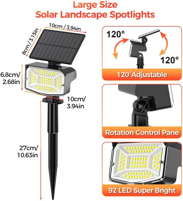 Large Solar Spot Lights Outdoor Waterproof IP67 1000 Lumens High Brightness 92 LEDs Solar Spotlight with 3 Lighting Modes Dusk to Dawn Solar Landscape Lights for Yard Garden (Cool White)- 2 Pack