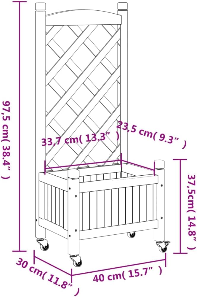Black Wooden Raised Garden Bed with Trellis and Wheels 11.8 x 15.7 x 38.4 in Outdoor Elevated Planter Box Solid Douglas Fir Wood for Patio Balcony Garden and Indoor Spaces