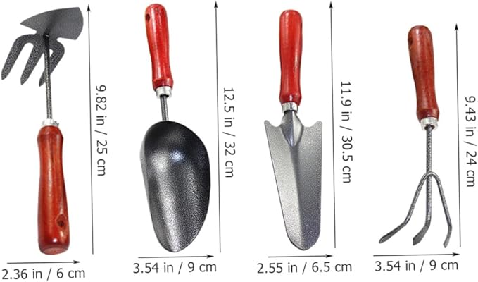 Toyvian 4pcs Gardening Tool Set with Small Spade Shovel Narrow Extended Hand Trowel Dual-use Hoe Rake and Three-Prong Cultivator for Planting Digging and Soil Scooping in Garden