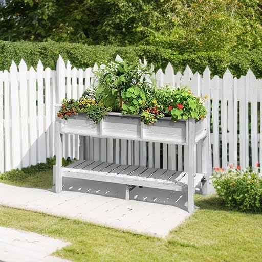 DWVO 48x18x30in Raised Garden Bed HDPE Poly Wood Planter Box StandWeather-Resistant Planter Box with Legs &amp Storage Shelf Elevated Garden Bed for Backyard Patio Balcony White