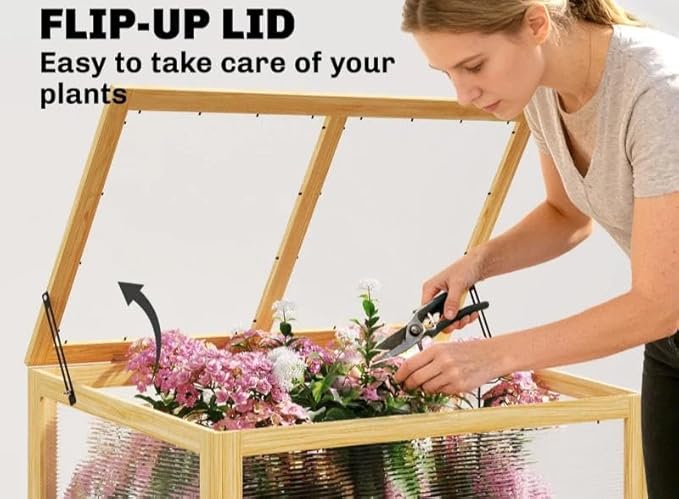 Elevated Raised Garden Bed with Flip-Up Mini Greenhouse Top – Wood Planter Box for Flowers Vegetables &amp Herbs – Weather-Resistant Outdoor Galvanized Metal Frame (Natural Wood)