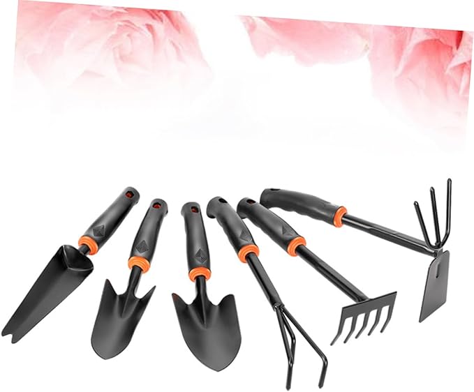 Sosoport 6pcs Iron Garden Tool Set with Ergonomic Anti-Skid Handle Versatile Hoeing Rake Shovel and Rake Accessories for Home Balcony and Potted Gardening Black Orange