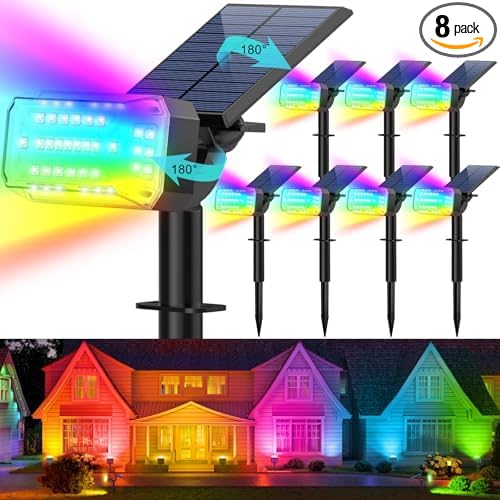 Solar Spot Lights Outdoor Waterproof IP65[49 LEDs/8 Pack] RGB Halloween 7 Modes Christmas Color Changing Solar Spotlights Adjustable Multicolor Landscape Flood Lights for Yard Garden Pathway