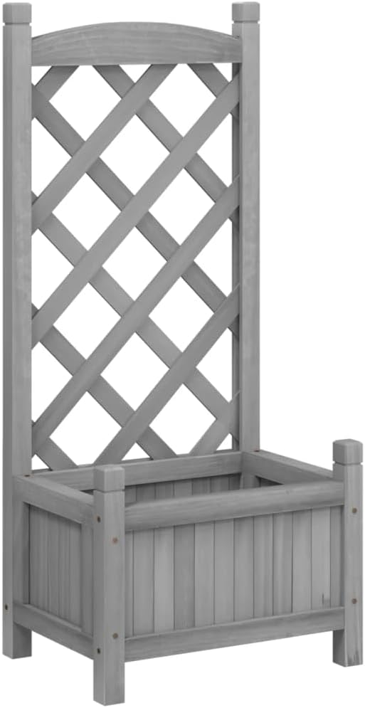 Gray Elevated Garden Bed Planter with Trellis 11.8x15.7x35.4 Solid Fir Wood Raised Box for Patio Balcony Outdoor Indoor Climbing Plants