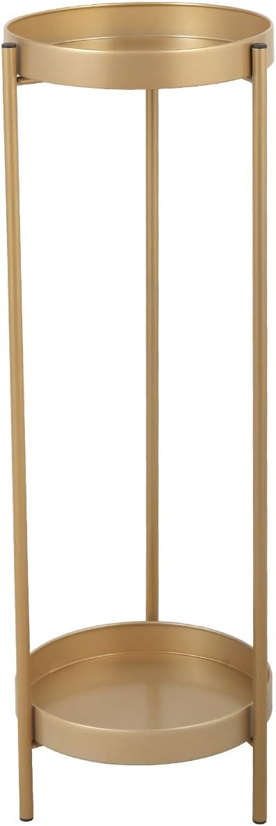 Folding Metal 2 Tier Plant Stand Potted Plant Holder Shelf with 2 Round Trays Indoor Outdoor Versatile Golden