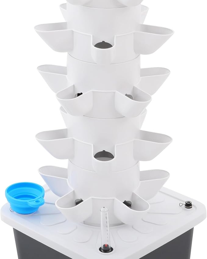 7-Tier Hydroponic Growing Tower System 35 Holes Vertical Indoor Garden with Water Pump White and Grey 96cm Height for Home Balcony Herb Vegetable Planting (White)