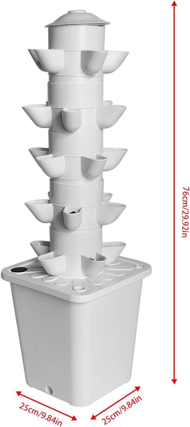 Vertical Hydroponic Growing System Tower 25 Pods White- Indoor Smart Garden with Auto Watering Timer &amp Movable Tank Soilless Planter for Herbs Vegetables Fruits | Pump Included Space-Saving De