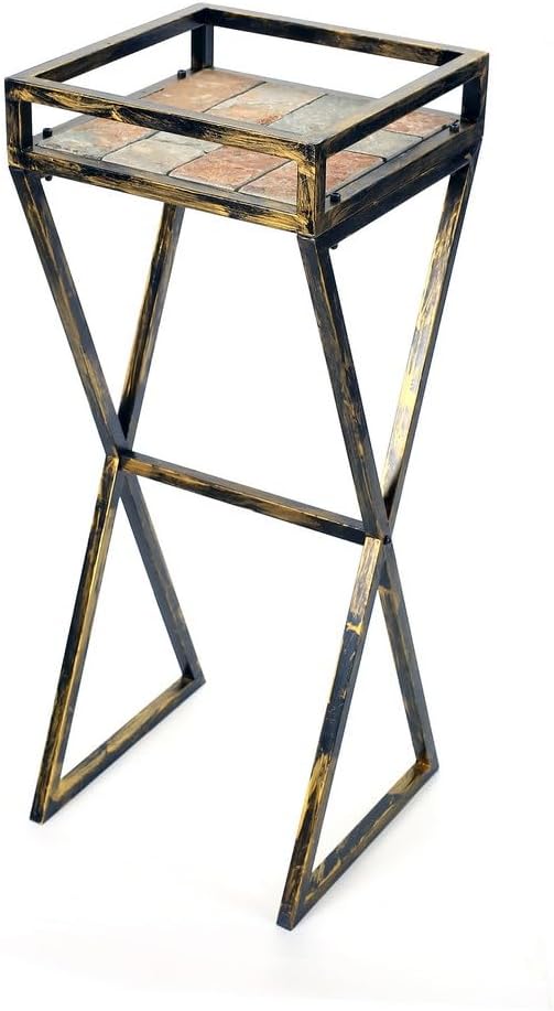 35.5 Gray Stone Slab Black Gold Metal Plant Stand