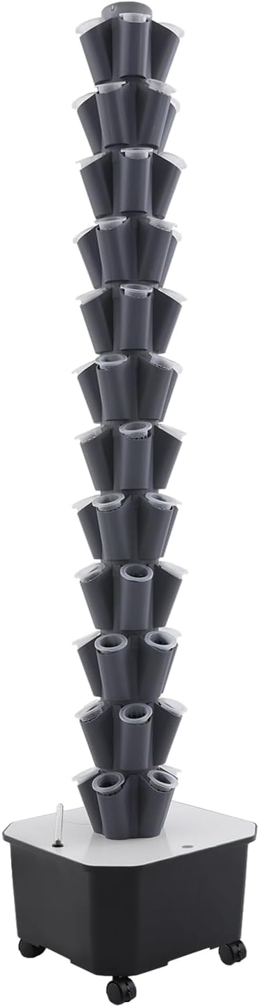 Hydroponic Growing Tower 12 Layer 60 Pods Vertical Garden Kit with Water Pump &amp 6.6Gal Water Tank Hydroponic Tower Growing System with 4 Wheels for Vegetables Strawberries Lettuce