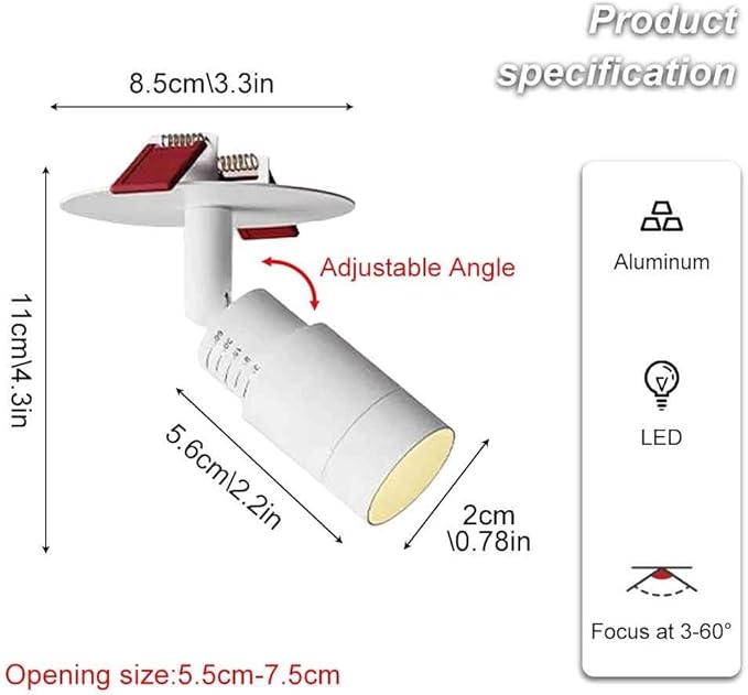 Spotlight 3w Recessed Lighting Fixture Zoomable 3°-60°Spotlights Adjustable Flush Mount Spotlight Directio l Focus Accent Lamps
