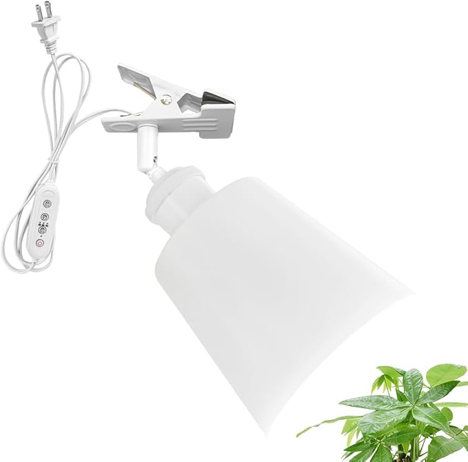 Clip Mount 5.9Ft Plug in Timing Cord Plant Light Full Spectrum White Light White Base White Metal Mini Shade Adjusted Angle Simple Clamp Light for Indoor Plants