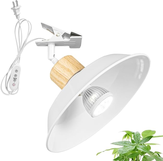 Clip Mount 5.9Ft Plug in Timing Cord Plant Light Full Spectrum White Light Wood Base White Metal Shade Adjusted Angle Modern Clamp Light for Indoor Plants