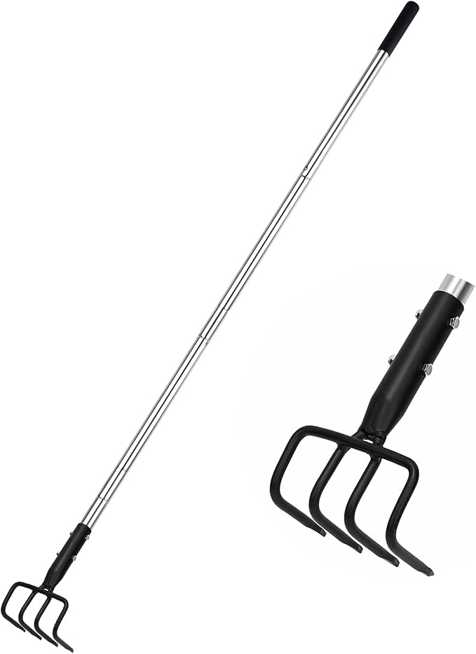 Long Hand Cultivator Carbon Steel &amp Stainless Steel Tiller Cultivator Garden Cultivator with Telescopic Handle and Soft Handle Cover Hand Tiller for Digging Loosening Weeding