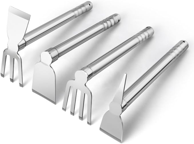 Garden Tool Set 4 PCS Heavy Duty Stainless Steel Gardening Tool Set Short Handle Farming Rake Shovel Outdoor Hand Tools Set Beach Combing Tool Kit Unisex Gifts for Seniors (Hoe)