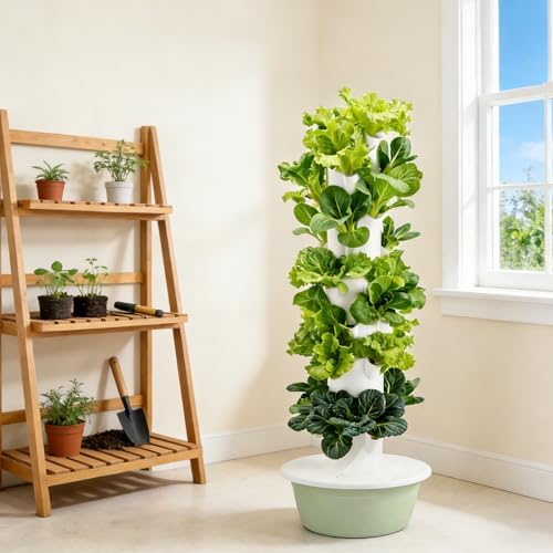 Hydroponic Growing System Kit - 7-Layer Vertical Planter Tower with Automatic Water Cultivation 4 LED Grow Lights &amp Timer for Indoor &amp Outdoor Vegetables and Fruits