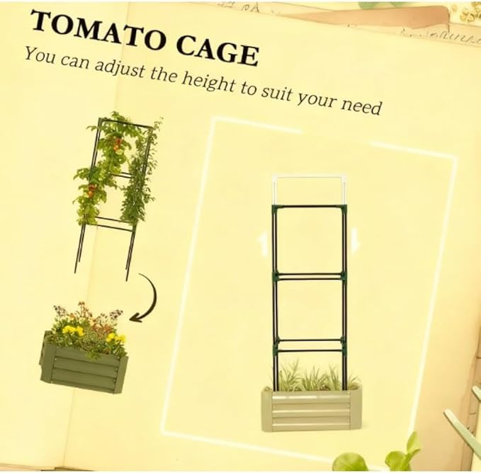 Heavy-Duty Galvanized Steel Raised Garden Bed with Built-in Trellis Support for Climbing Plants and Vegetables (Green + Steel)