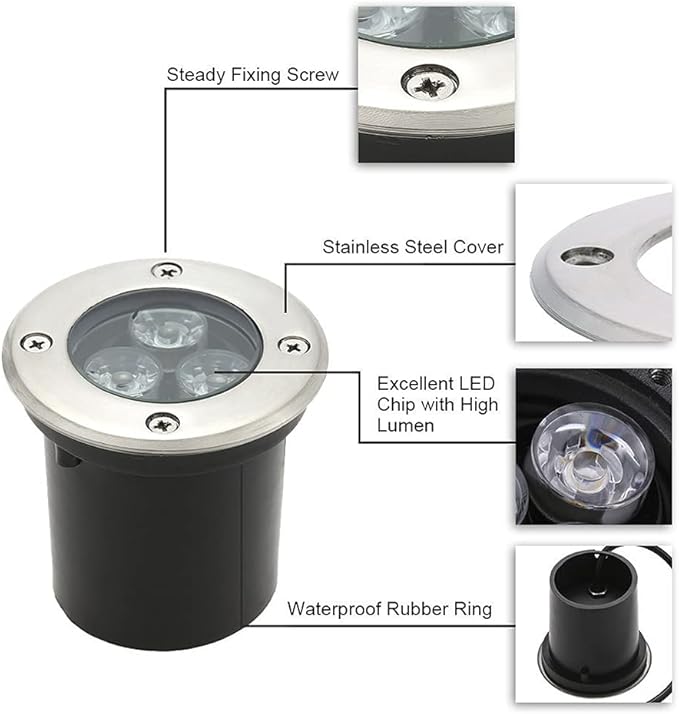 LED Spotlight LED Buried Lights3W Outdoor Recessed Round Landscape Lamp 12V/24V Ground Lights for DrivewayStepGardenPathwayPatio3 PackCool White Light12VNatural Light-24V