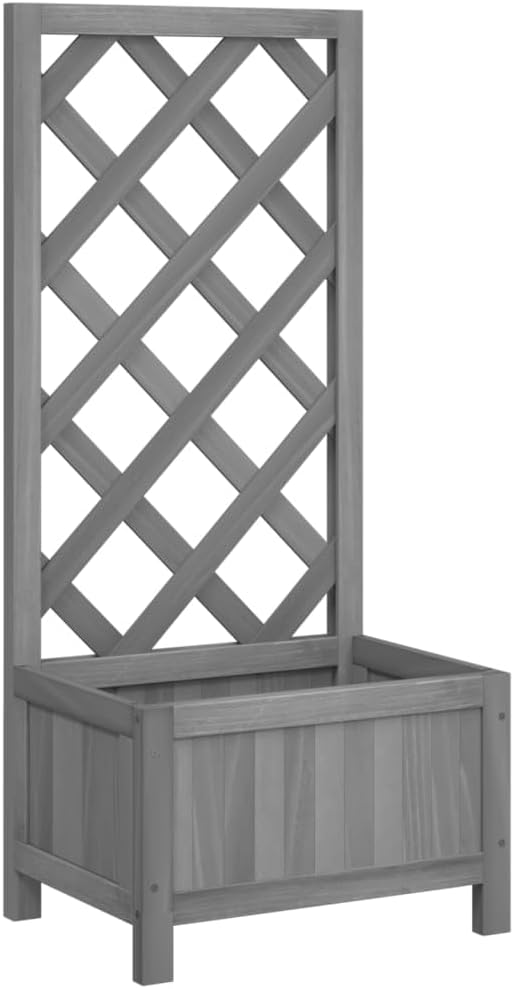 Gray Solid Fir Wood Planter Box with Trellis for Climbing Plants Raised Garden Bed Outdoor Large Patio Planter Boxes for Flowers Vegetables 15.7x11.8x35.4 Inch