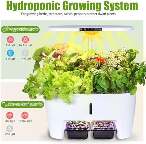 Hydroponic Garden Kit - 16 Pod Indoor Herb Planter with 7L Water Reservoir Adjustable Height Grow Light 3 Light Modes for Home Kitchen Gardening