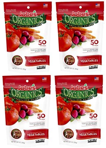Jobe’s Organics Vegetable &amp Tomato Fertilizer Spikes 2-7-4 Time Release Fertilizer for All Vegetables Herbs and Tomato Plants 50 Spikes per Package (4 1 Pack)