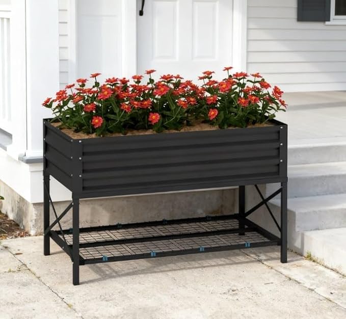 Metal Planter BoxGalvanized Raised Garden Bedwith LegsStorage Shelf and Bed Liner