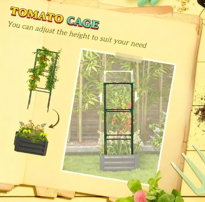 Modular Galvanized Garden Bed with Detachable Plant Cage All-in-One Raised Planter System for Climbing Vegetables &amp Flowers Easy Assembly Design (Dark Gray)