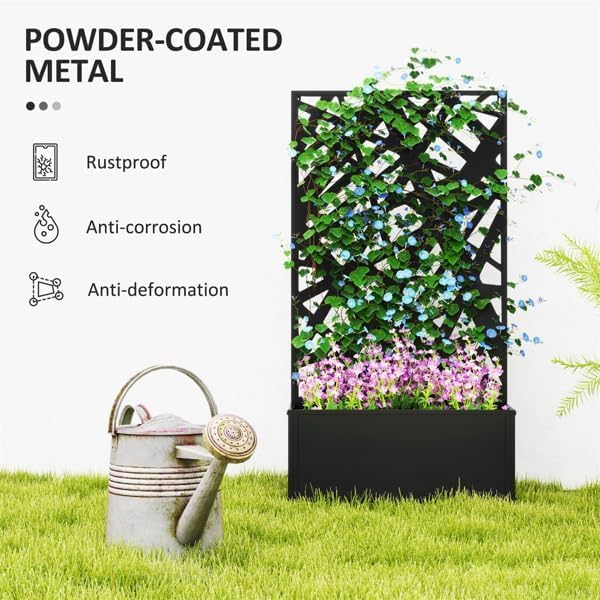 Metal Raised Garden Bed with Trellis Galvanized Planter Metal Planter Box with Trellis 24 L x 9.1 W x 44.5 H (Diamond Check)