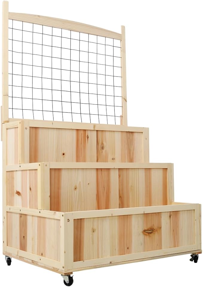 Sturdy Galvanized Steel Raised Garden Bed with Built-in Trellis Mobile Vertical Planter for Vegetables Herbs and Flowers (Natural Wood + Wood)