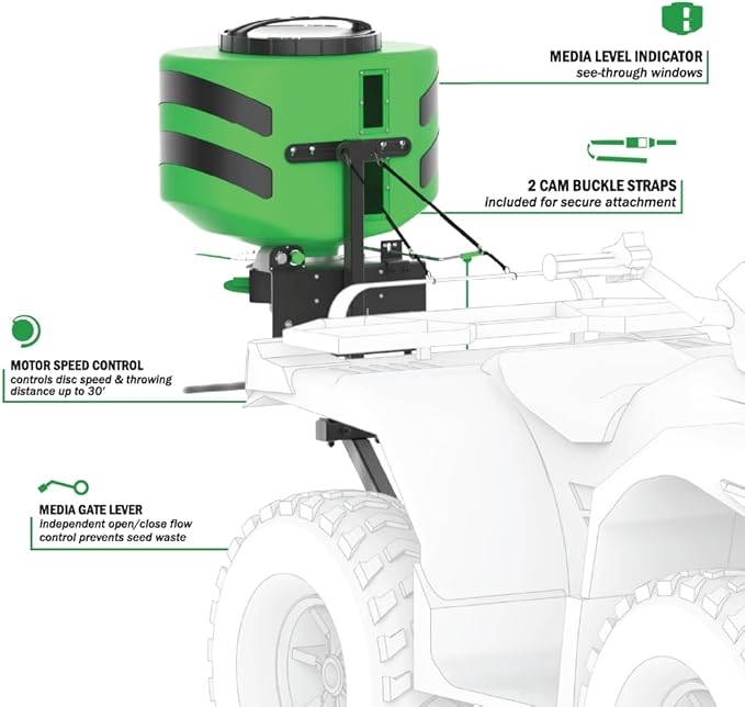 Hooyman Vehicle Spreader with Adjustable Feed Rate Universal Attachment 125LB Capacity for Seeding Land Management and Lawncare