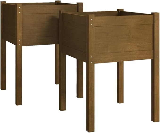 Honey Brown Solid Wood Pine Garden Planter Set - 2 Pcs for Outdoor Flower Plant &amp Vegetable Growing - Large Bed Boxes for Gardening 19.7x19.7x27.6