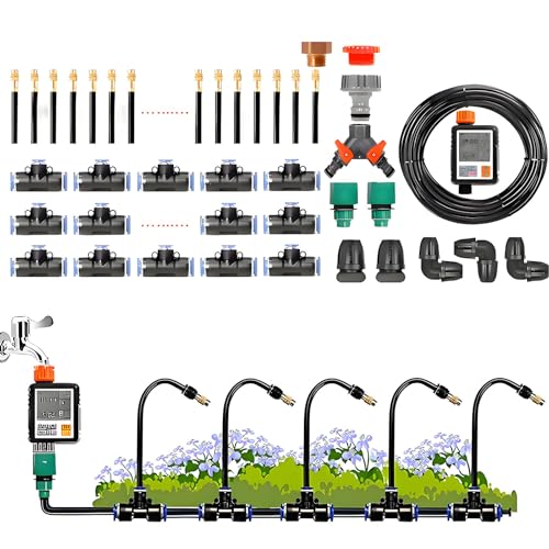 Automatic Drip Irrigation Kit - 66ft Quick Connector System with 360° Adjustable Copper Nozzle - Efficient Garden Watering &amp Cooling Solution for Plants &amp Greenhouses