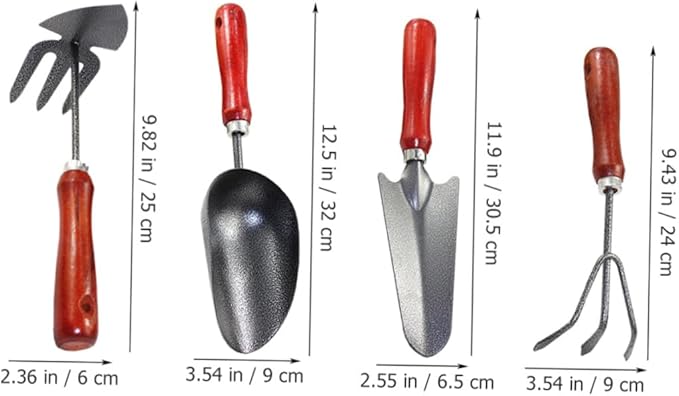 Housoutil 4pcs Gardening Tool Set with Mini Plant Trowel Narrow Shovel Hand Rake and Dual-use Hoe for Flower Pots and Vegetable Garden Sturdy Metal Construction for Home and Outdoor