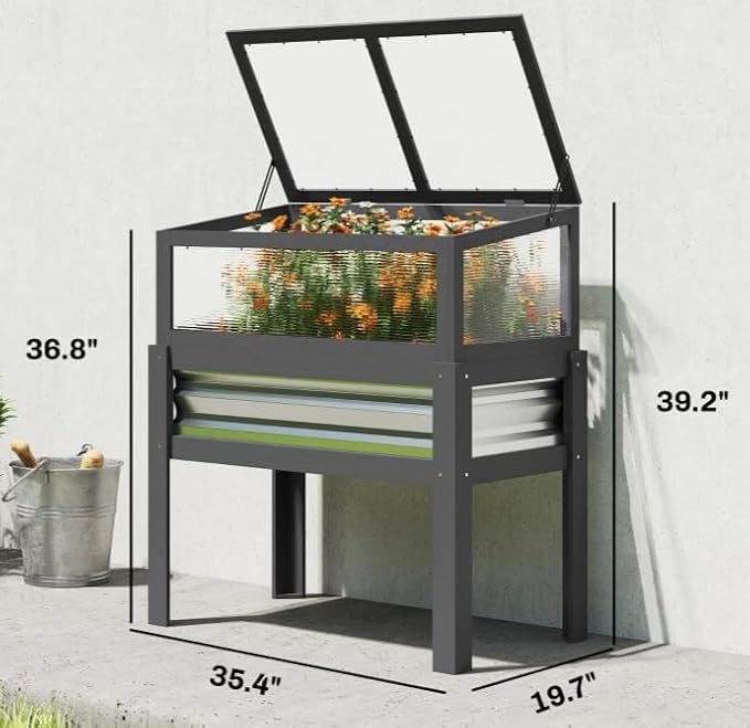 Elevated Raised Garden Bed with Flip-Up Mini Greenhouse Top – Wood Planter Box for Flowers Vegetables &amp Herbs – Weather-Resistant Outdoor Galvanized Metal Frame (Gray)