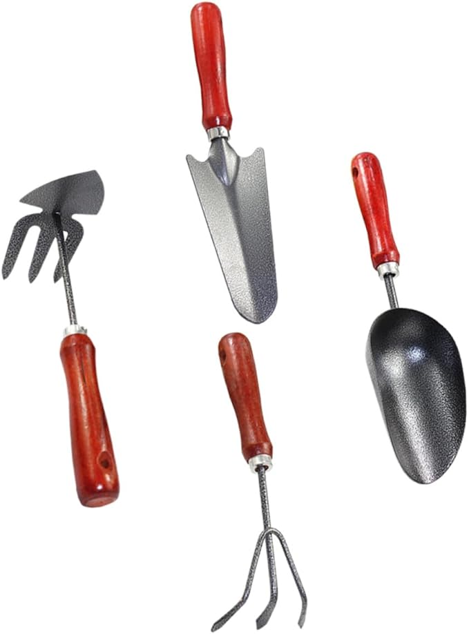 Beaupretty 4pcs Gardening Tool Set Small Garden Shovels for Digging Planting with Extended Narrow Shovel 3-Prong Rake Dual-use Hoe and Rake Soil Scoop Hand Tools for Garden and Planter Use