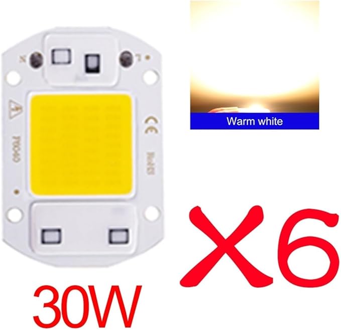 6PCS LED Chip AC 220V F6040 20W/30W/50W COB Lamp Bead Smart IC No Need Driver Outdoor Focus Spotlight Garden DIY Chip Lamp(6PCS 30W Warm White)