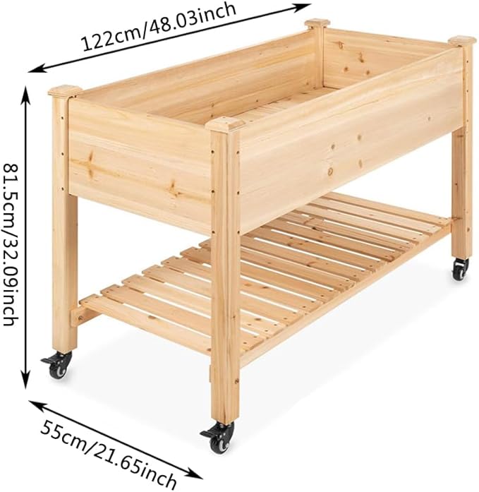 Wooden Raised Garden Beds Outdoor with Legs Mobile Elevated Planter Boxes with Lockable Wheels Storage Shelf for Backyard Patio Grow Herbs and Vegetables