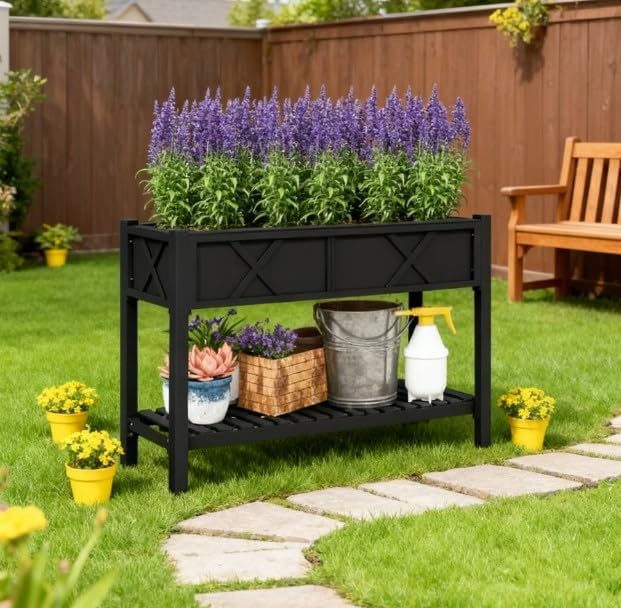 Dual-Tier Elevated Wood Raised Garden Bed with Storage Shelf Drainage Holes &amp Non-Woven Liner – Ergonomic Planter Box for Outdoor Gardening (Black)