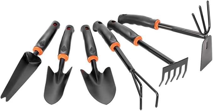 6-Piece Garden Tool Set Black Plastic Handle Iron Wide Shovel and Mini Rake for Home Gardening Balcony and Potted Plants Anti-Skid Design Multi-Functional Hoeing Rake Accessories