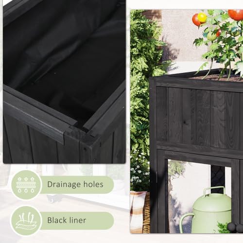 Raised Garden Bed with Wheels Wood Planter Box Mobile Mini Greenhouse with 2 Doors for Vegetables Herbs and Flowers Raised Bed with Liner for Patio Backyard and Balcony Indoor Outdoor Use Black