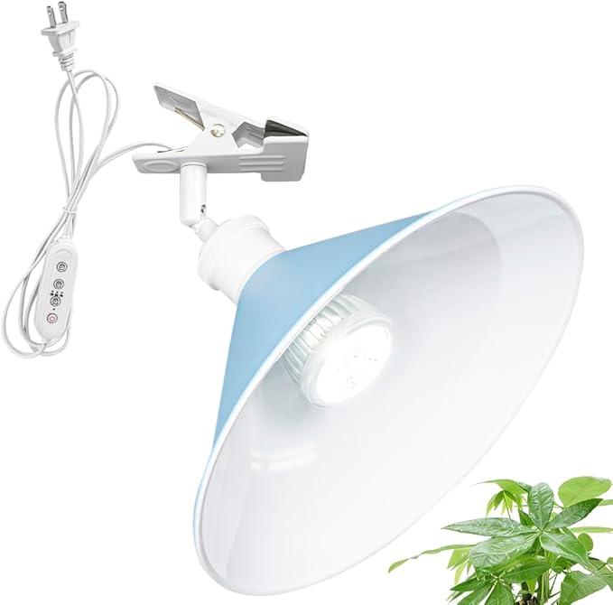 Clip Mount 5.9Ft Plug in Timing Cord Plant Light Full Spectrum White Light White Base Blue Metal Shade Adjusted Angle Modern Clamp Light for Indoor Plants