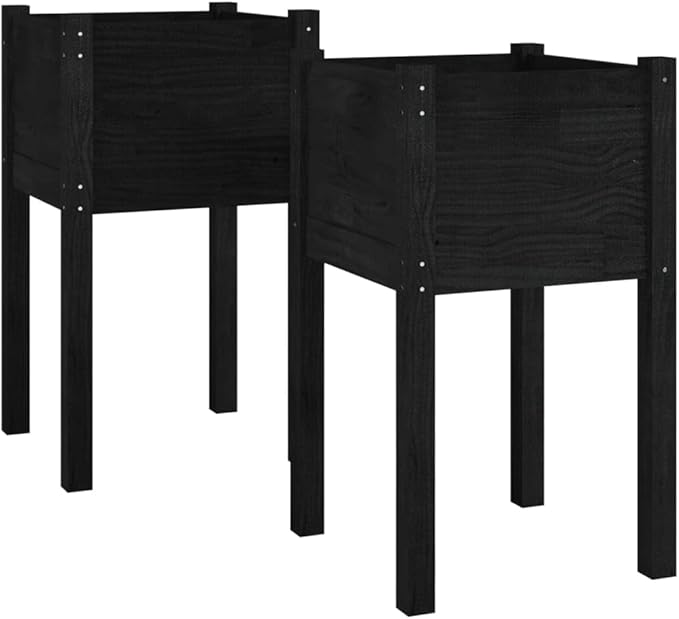 Garden Planter Set of 2 Black Solid Pinewood 15.7x15.7x27.6 in Square Raised Garden Bed for Outdoor Plants Durable Finish