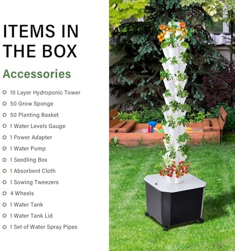 Hydroponics Growing Tower - Vertical Hydroponic System for Indoor and Outdoor Gardens 10-Layer Design with 50 Slots for Vegetables and Fruits Includes Silent Pump