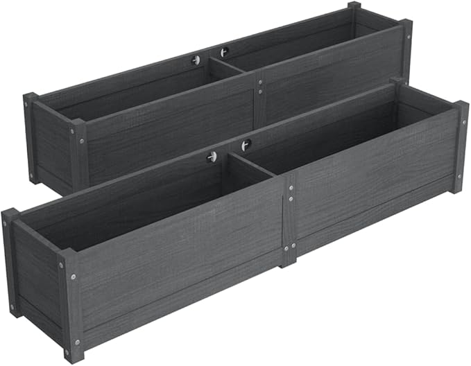 Raised Garden Bed Set of 2 Gray Solid Pinewood Large Rectangular Planters for Outdoor Plants 59.1 Inch Wide Durable Design for Gardening