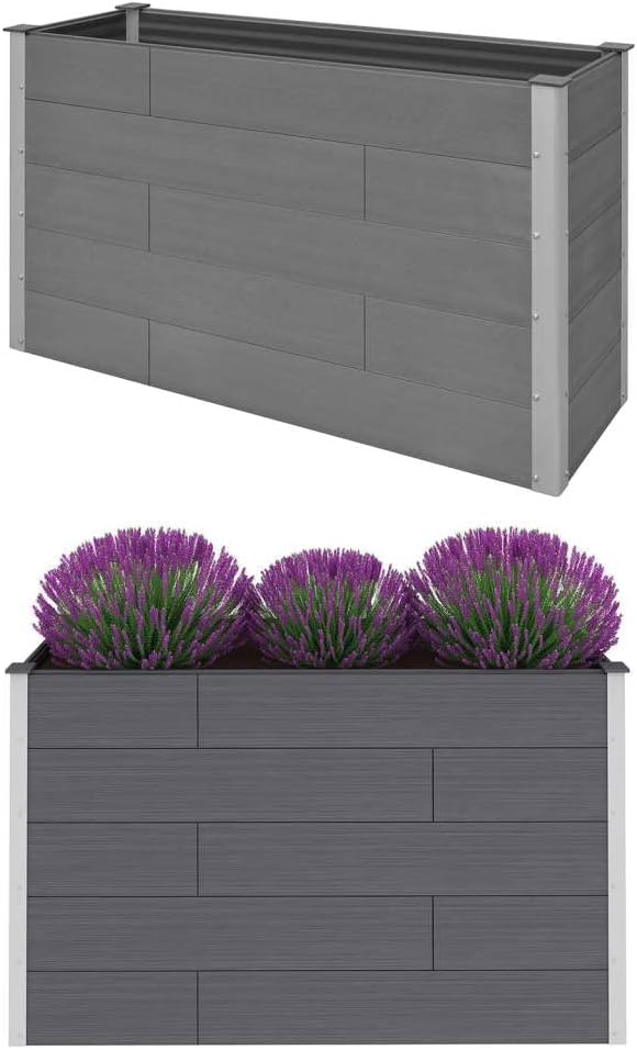 Large Garden Raised Bed Gray Wood-Plastic Composite &amp Aluminum 59.1x19.7x35.8 Inch Outdoor Planter Box for Patio Balcony Gardening